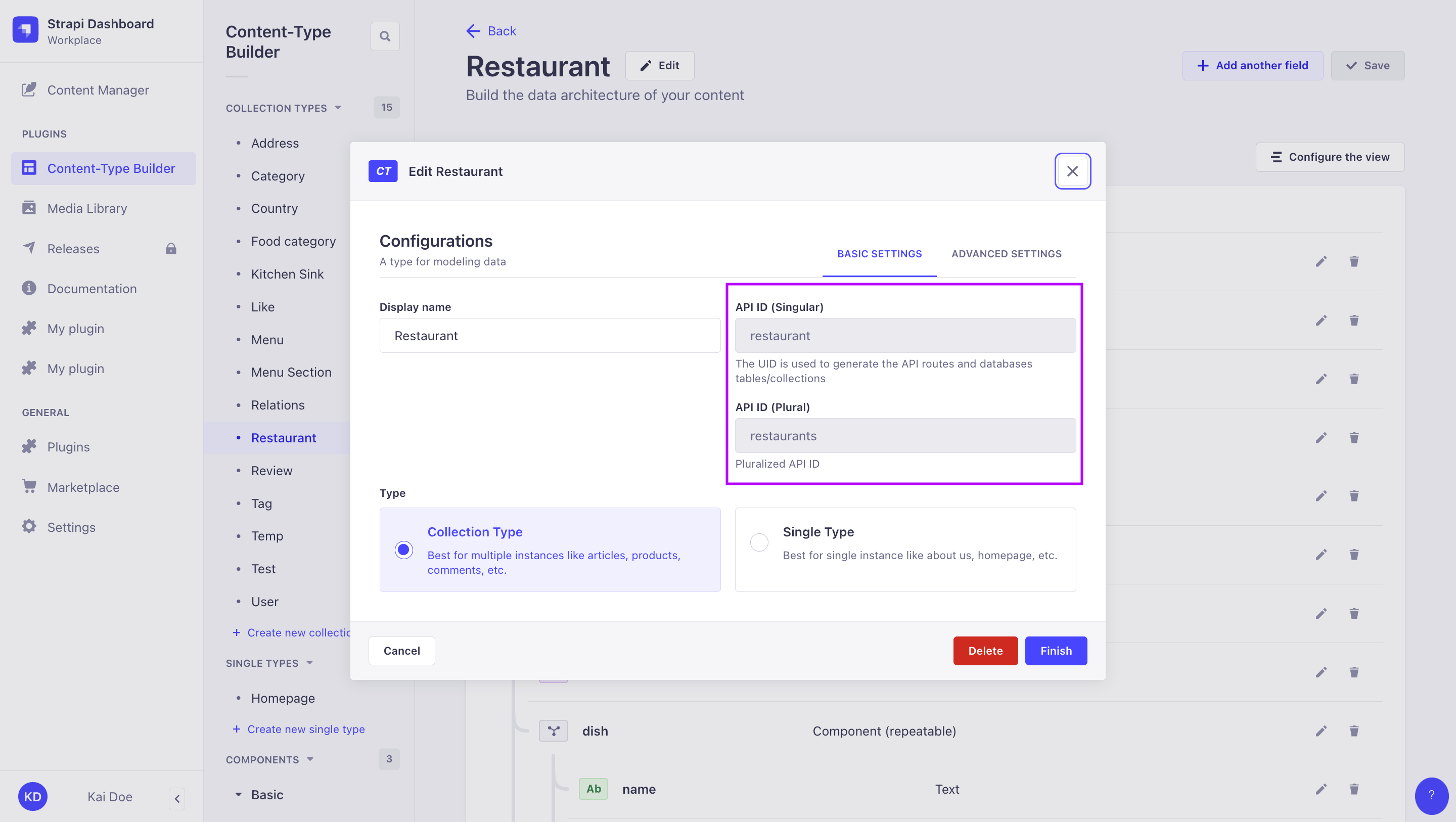 Screenshot of the Content-Type Builder to retrieve singular and plural API IDs